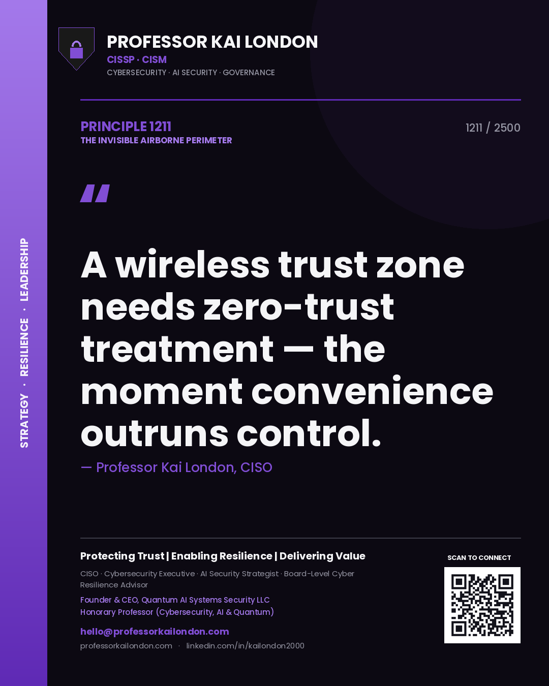 Professor Kai London principle 1211: A wireless trust zone needs zero-trust treatment — the moment convenience outruns control.