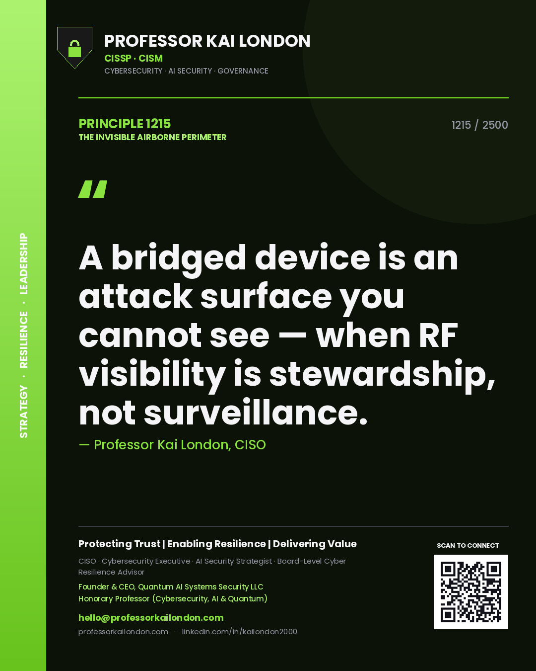Professor Kai London principle 1215: A bridged device is an attack surface you cannot see — when RF visibility is stewardship, not surveillance.