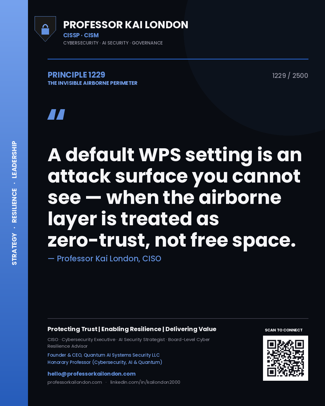 Professor Kai London principle 1229: A default WPS setting is an attack surface you cannot see — when the airborne layer is treated as zero-trust, not free space.
