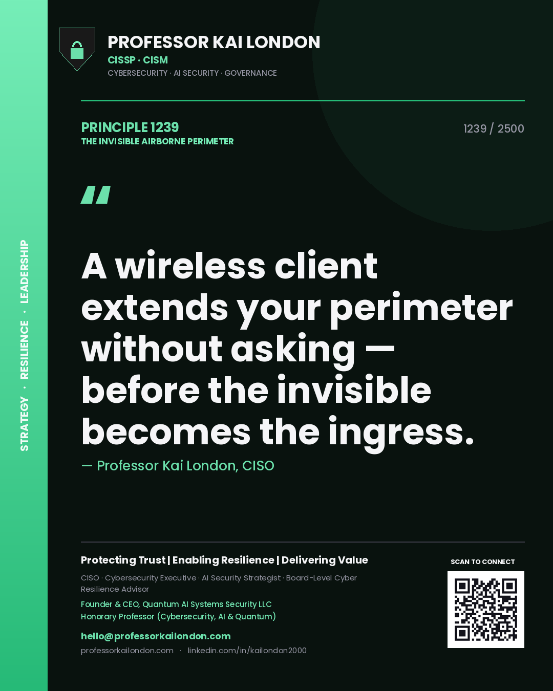 Professor Kai London principle 1239: A wireless client extends your perimeter without asking — before the invisible becomes the ingress.