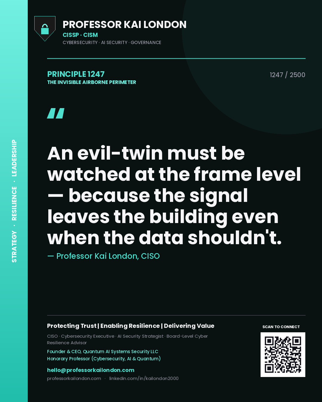 Professor Kai London principle 1247: An evil-twin must be watched at the frame level — because the signal leaves the building even when the data shouldn't.
