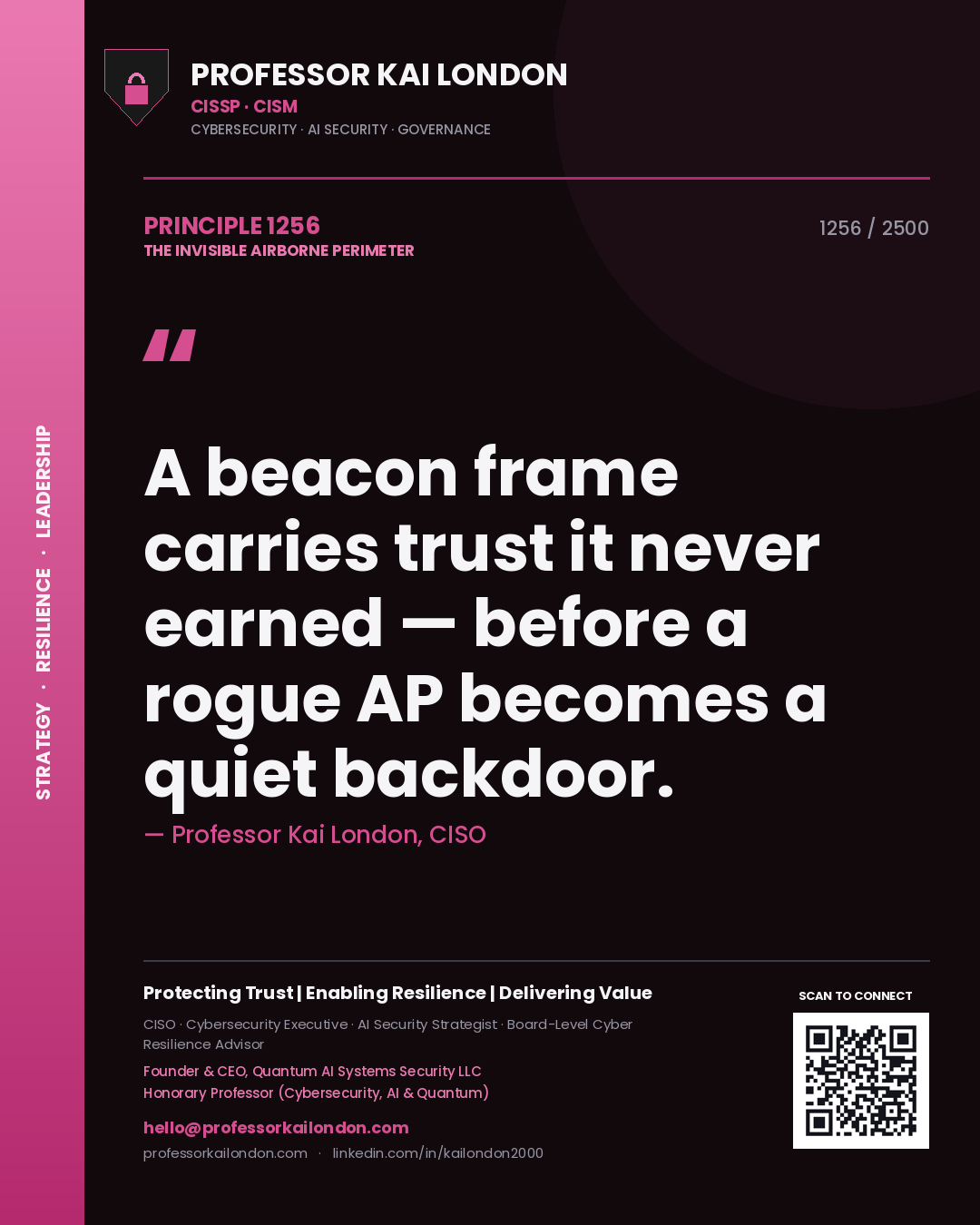 Professor Kai London principle 1256: A beacon frame carries trust it never earned — before a rogue AP becomes a quiet backdoor.