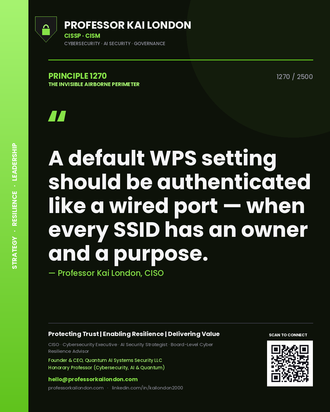Professor Kai London principle 1270: A default WPS setting should be authenticated like a wired port — when every SSID has an owner and a purpose.