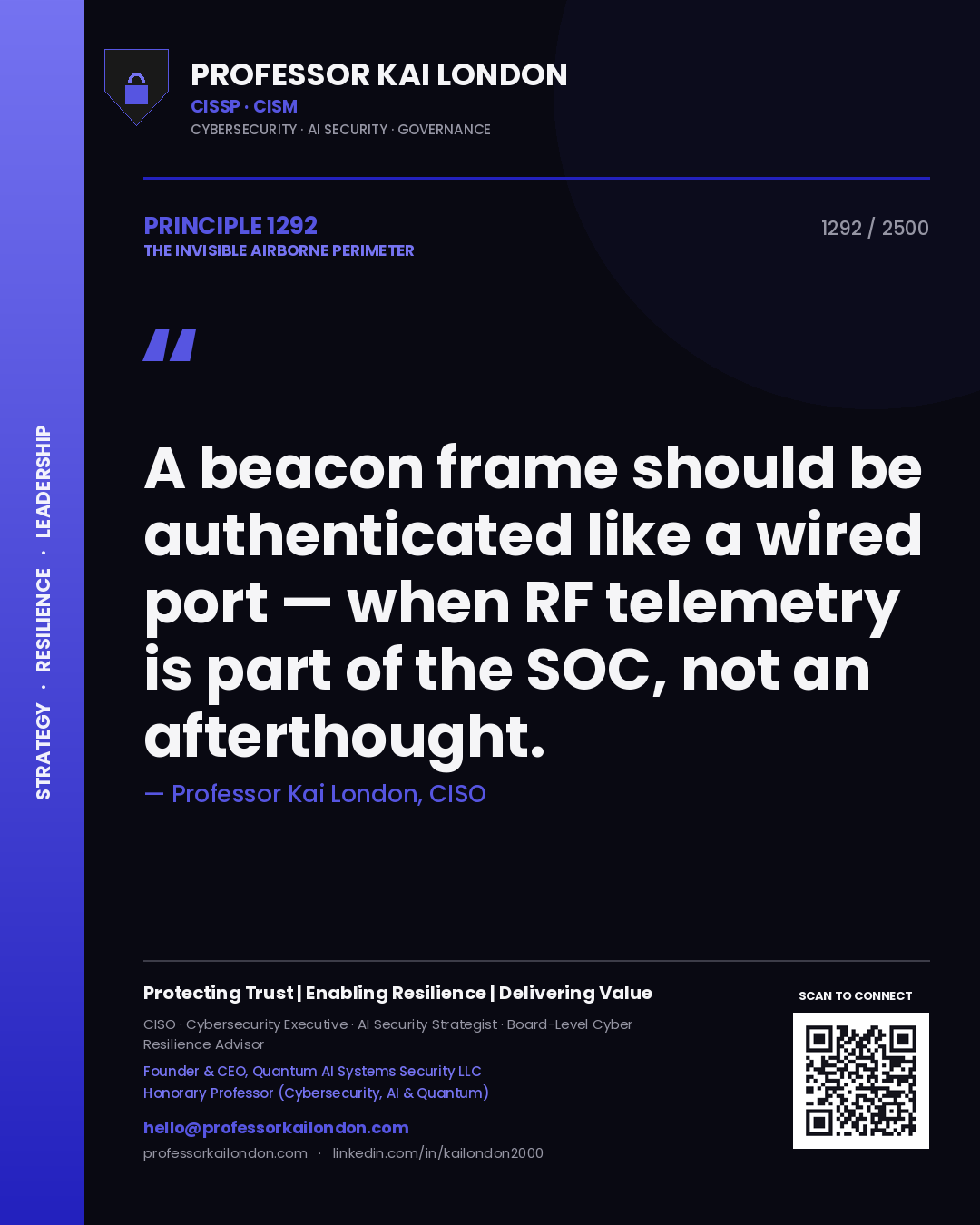Quote card by Professor Kai London reading 'A beacon frame should be authenticated like a wired port — when RF telemetry is part of the SOC, not an afterthought.'. From the book The Invisible Airborne Perimeter.