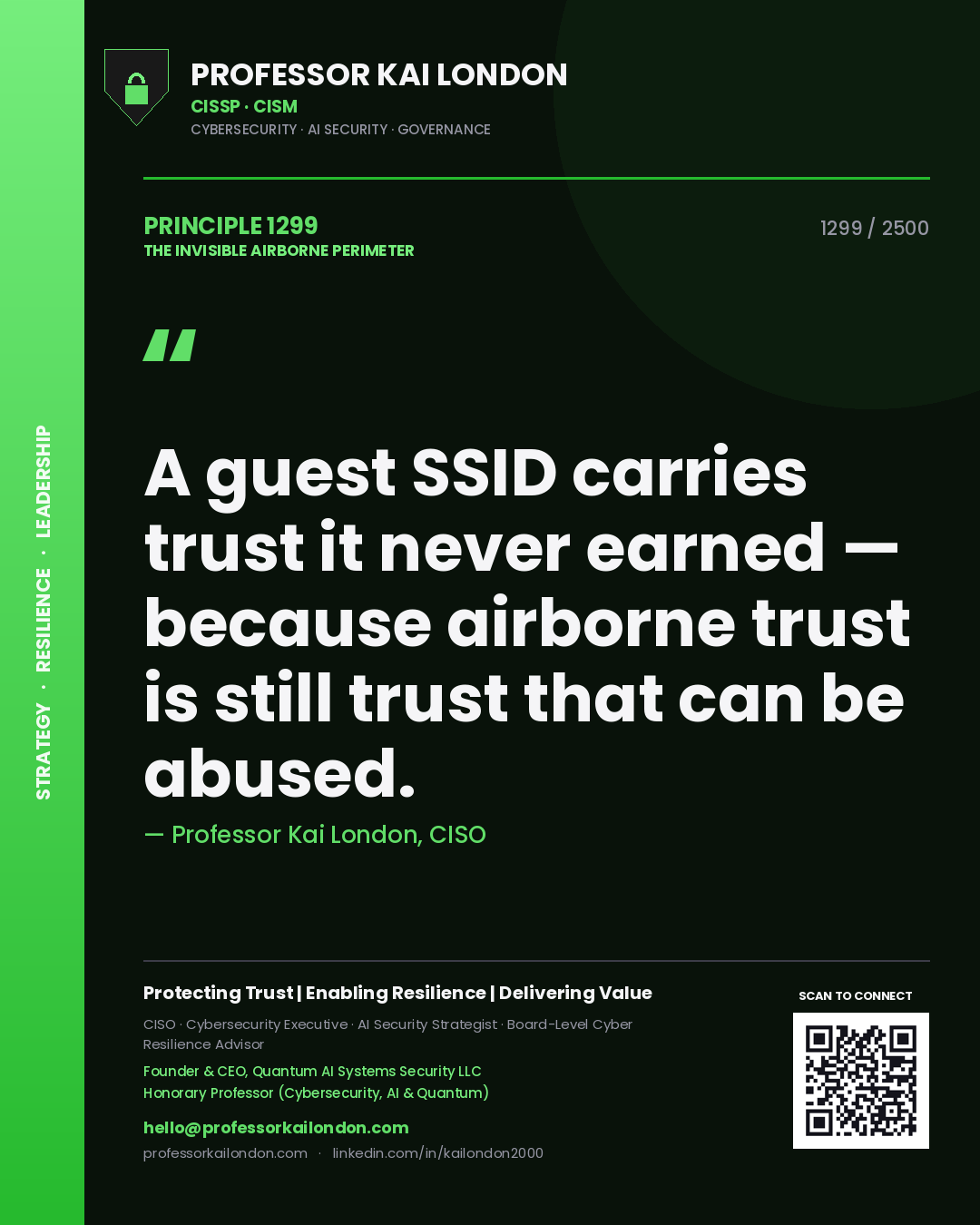 Professor Kai London principle 1299: A guest SSID carries trust it never earned — because airborne trust is still trust that can be abused.