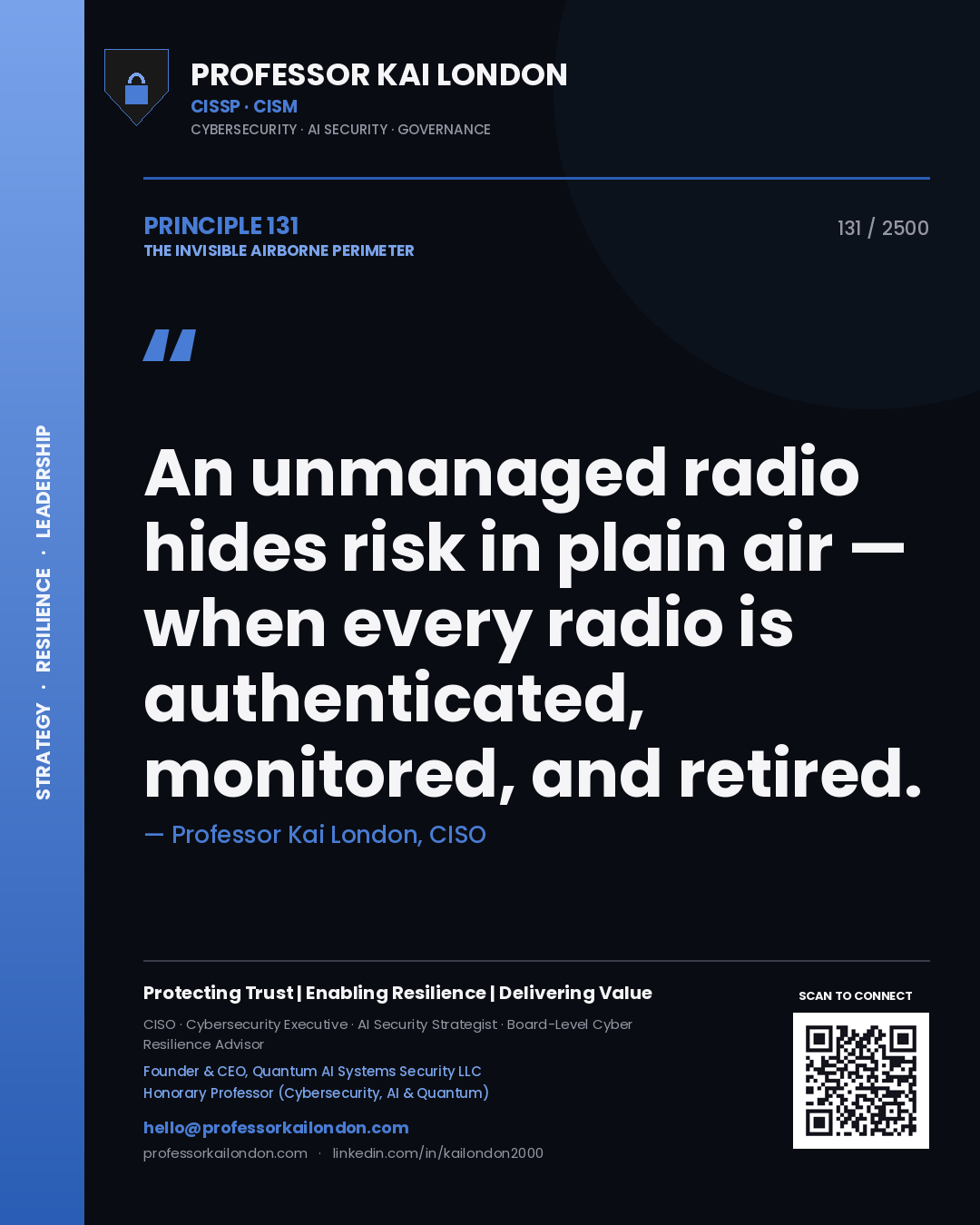 Professor Kai London principle 131: An unmanaged radio hides risk in plain air — when every radio is authenticated, monitored, and retired.