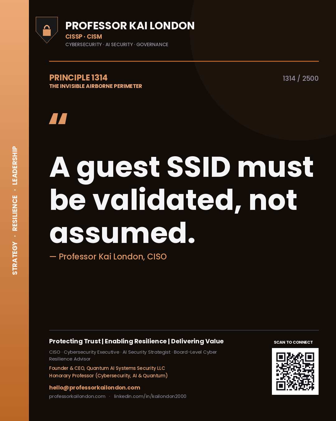 Quote card by Professor Kai London reading 'A guest SSID must be validated, not assumed.'. From the book The Invisible Airborne Perimeter.