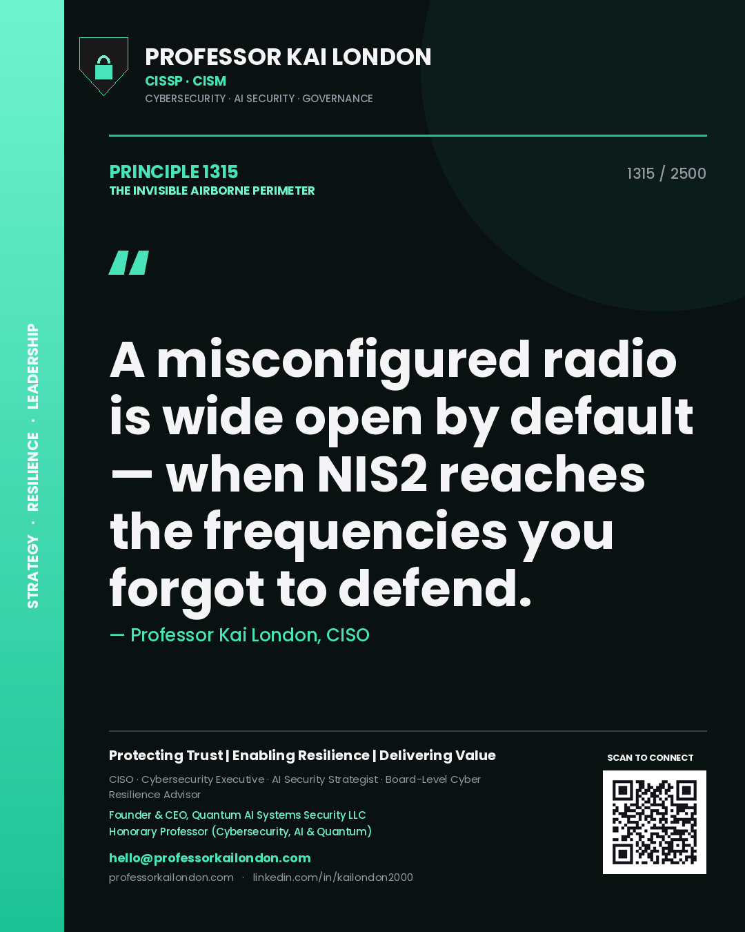 Quote card by Professor Kai London reading 'A misconfigured radio is wide open by default — when NIS2 reaches the frequencies you forgot to defend.'. From the book The Invisible Airborne Perimeter.