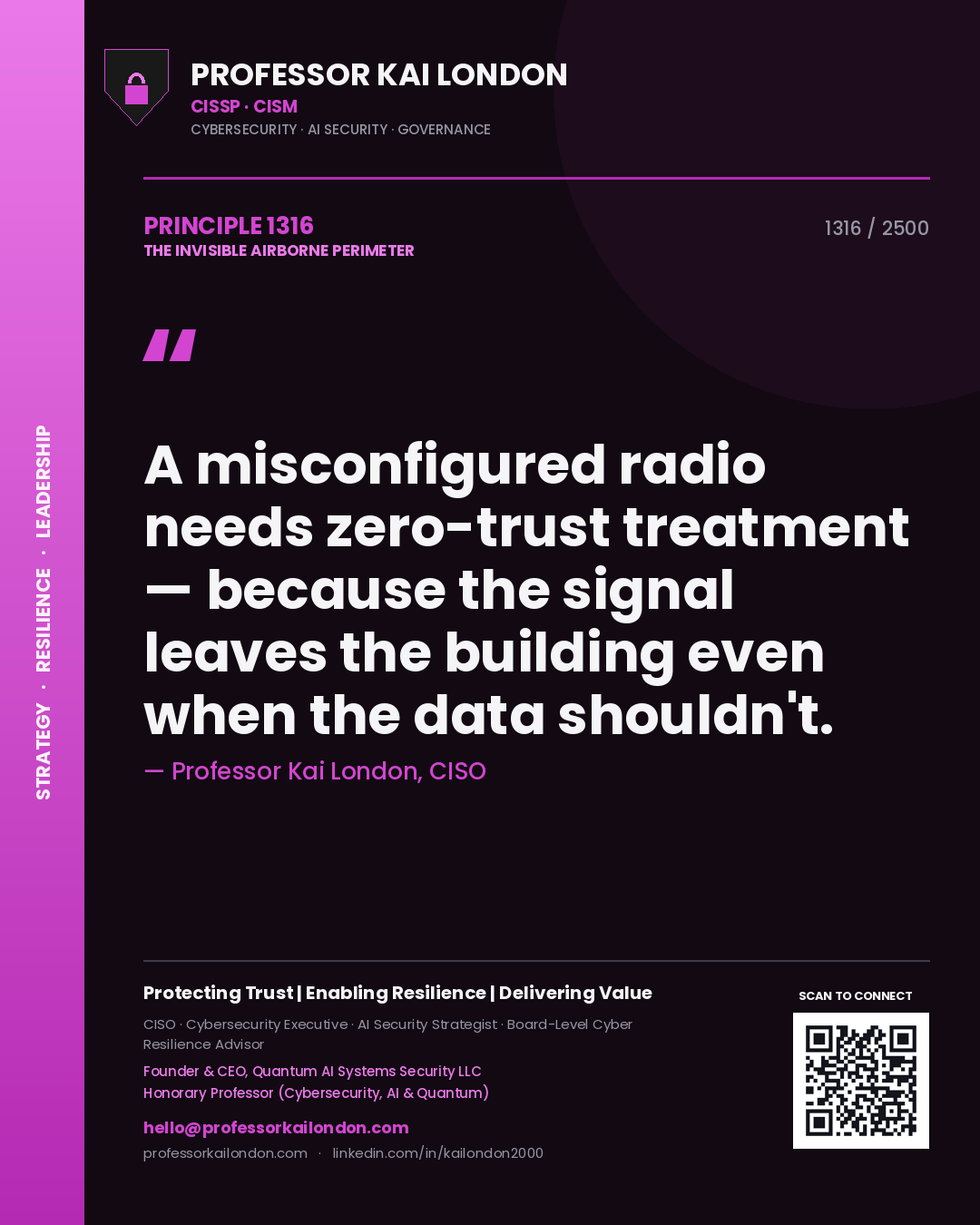 Quote card by Professor Kai London reading 'A misconfigured radio needs zero-trust treatment — because the signal leaves the building even when the data shouldn't.'. From the book The Invisible Airborne Perimeter.