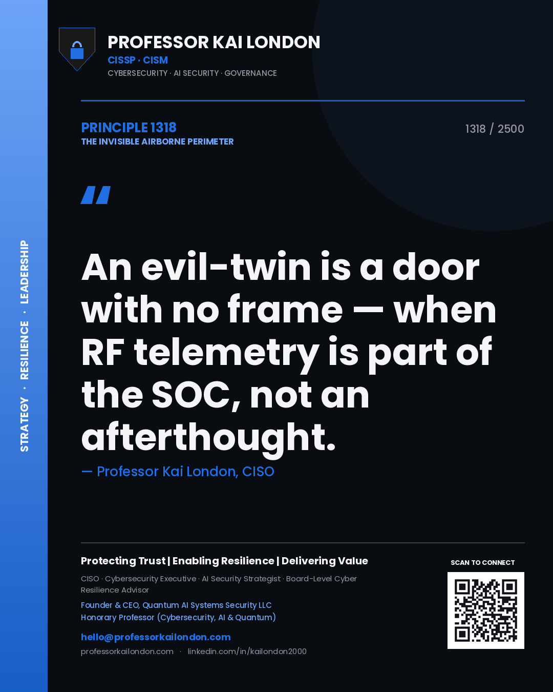 Quote card by Professor Kai London reading 'An evil-twin is a door with no frame — when RF telemetry is part of the SOC, not an afterthought.'. From the book The Invisible Airborne Perimeter.