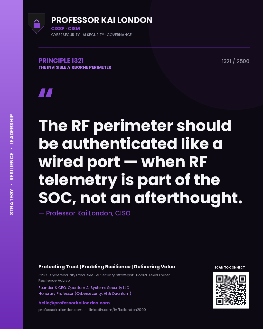 Quote card by Professor Kai London reading 'The RF perimeter should be authenticated like a wired port — when RF telemetry is part of the SOC, not an afterthought.'. From the book The Invisible Airborne Perimeter.