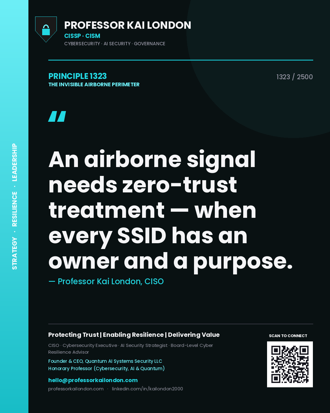 Quote card by Professor Kai London reading 'An airborne signal needs zero-trust treatment — when every SSID has an owner and a purpose.'. From the book The Invisible Airborne Perimeter.