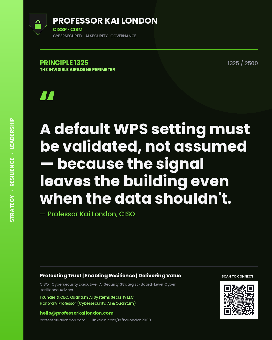 Quote card by Professor Kai London reading 'A default WPS setting must be validated, not assumed — because the signal leaves the building even when the data shouldn't.'. From the book The Invisible Airborne Perimeter.