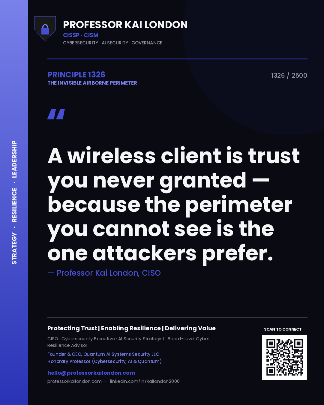 Quote card by Professor Kai London reading 'A wireless client is trust you never granted — because the perimeter you cannot see is the one attackers prefer.'. From the book The Invisible Airborne Perimeter.