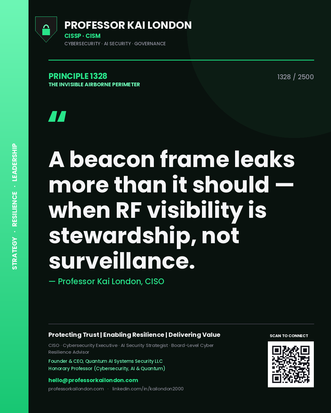 Quote card by Professor Kai London reading 'A beacon frame leaks more than it should — when RF visibility is stewardship, not surveillance.'. From the book The Invisible Airborne Perimeter.