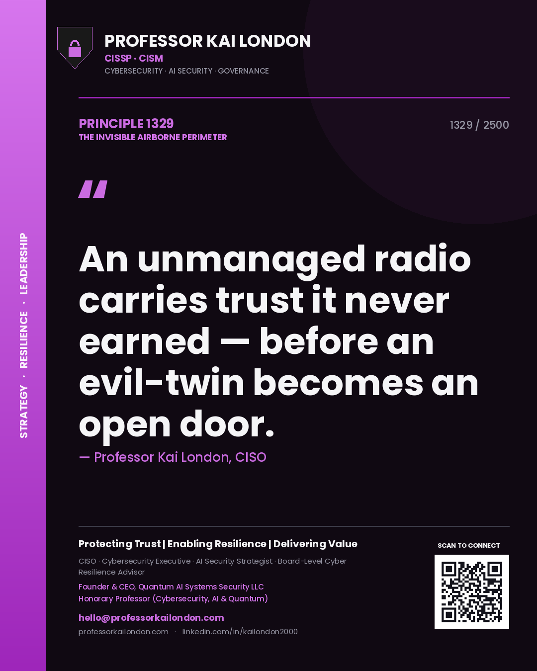Quote card by Professor Kai London reading 'An unmanaged radio carries trust it never earned — before an evil-twin becomes an open door.'. From the book The Invisible Airborne Perimeter.