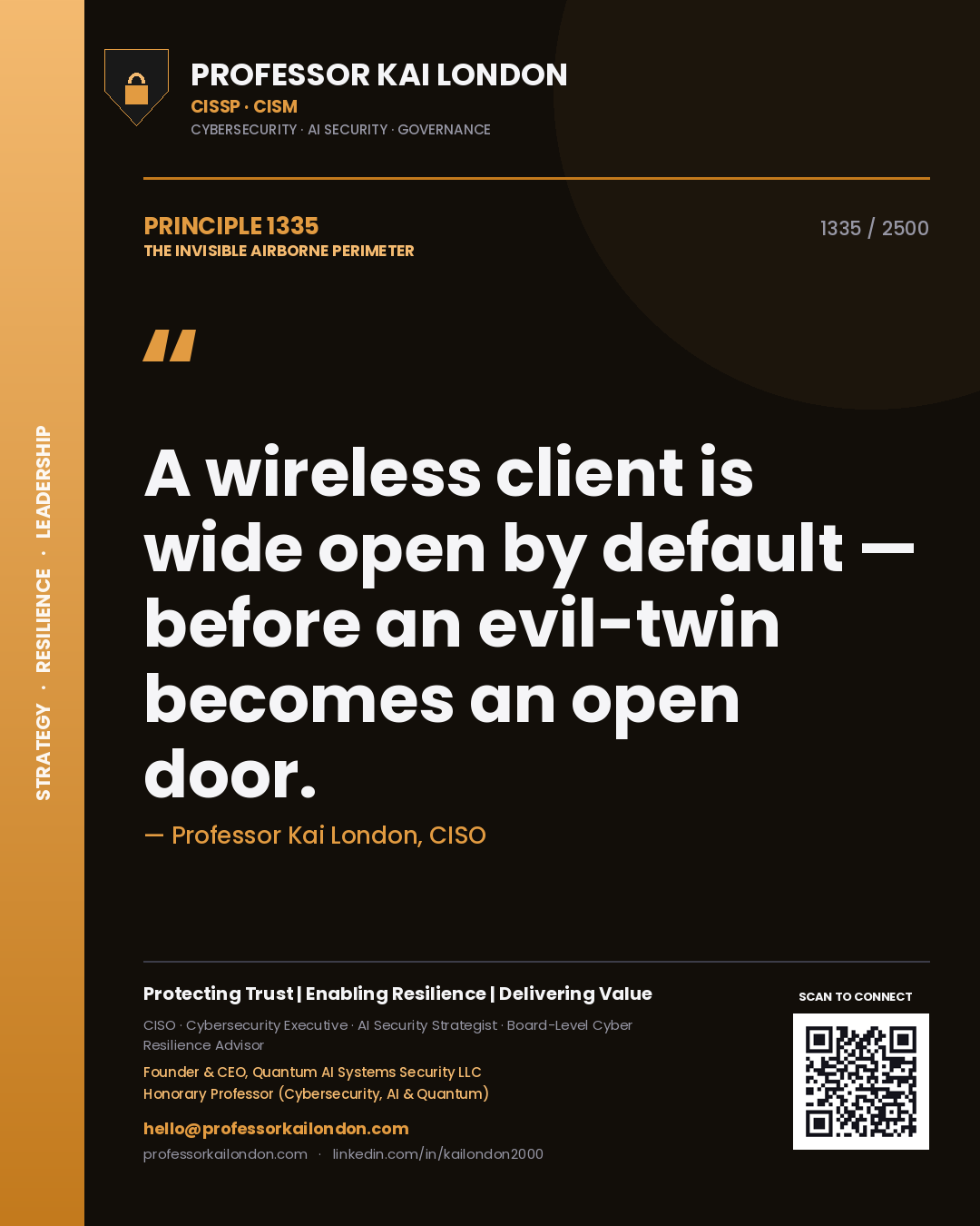 Quote card by Professor Kai London reading 'A wireless client is wide open by default — before an evil-twin becomes an open door.'. From the book The Invisible Airborne Perimeter.