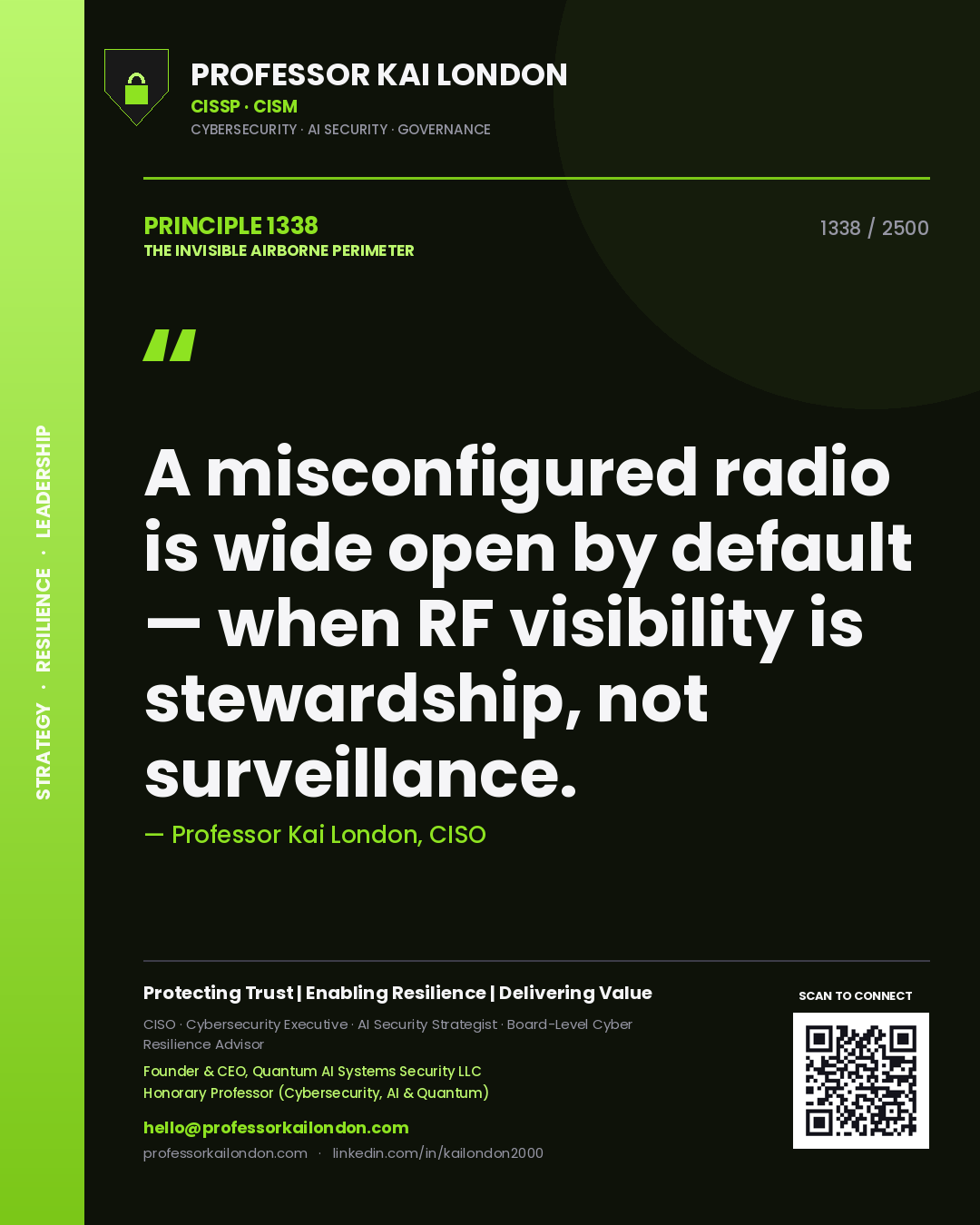 Quote card by Professor Kai London reading 'A misconfigured radio is wide open by default — when RF visibility is stewardship, not surveillance.'. From the book The Invisible Airborne Perimeter.
