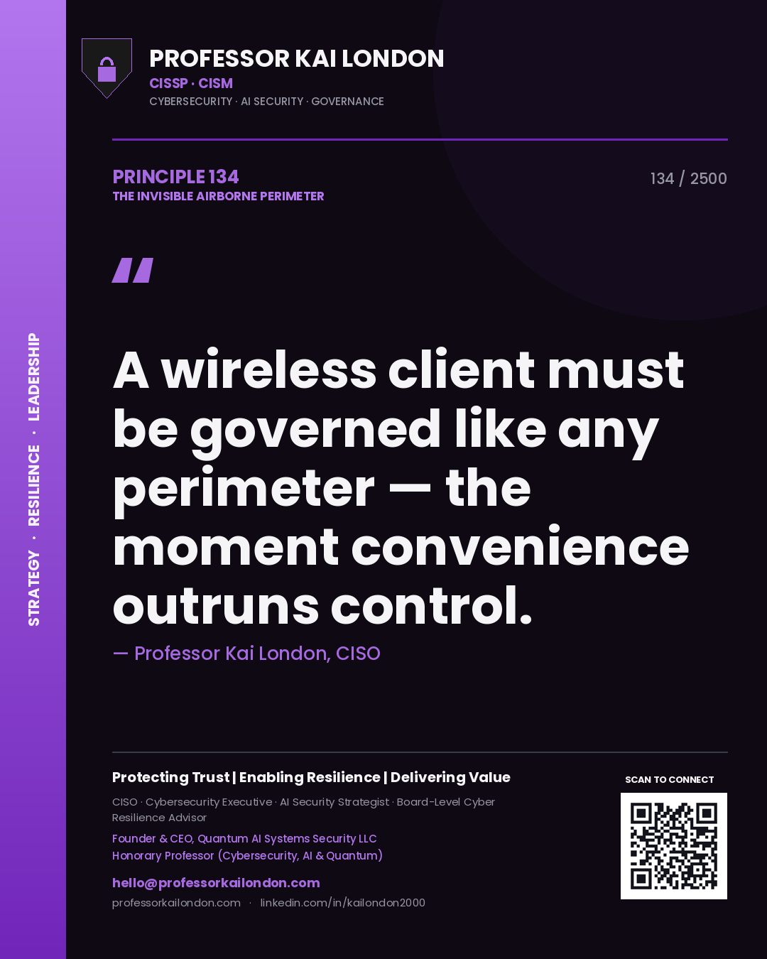 Quote card by Professor Kai London reading 'A wireless client must be governed like any perimeter — the moment convenience outruns control.'. From the book The Invisible Airborne Perimeter.