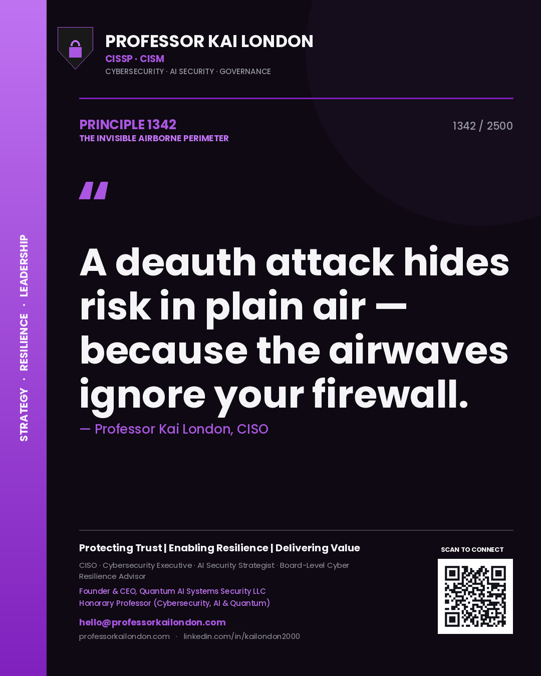 Quote card by Professor Kai London reading 'A deauth attack hides risk in plain air — because the airwaves ignore your firewall.'. From the book The Invisible Airborne Perimeter.