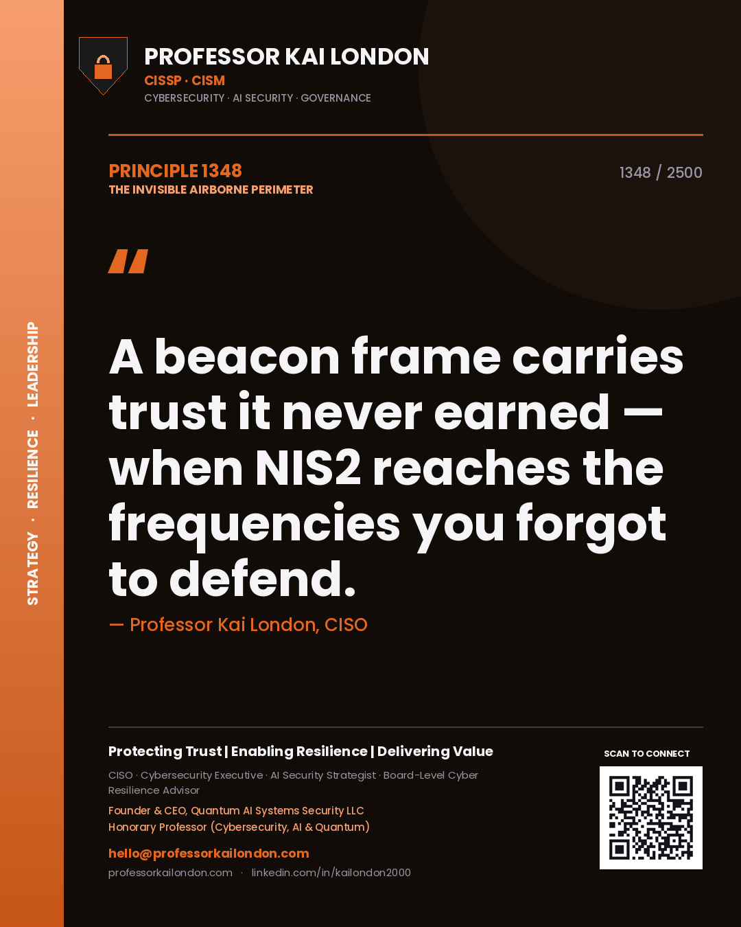 Quote card by Professor Kai London reading 'A beacon frame carries trust it never earned — when NIS2 reaches the frequencies you forgot to defend.'. From the book The Invisible Airborne Perimeter.