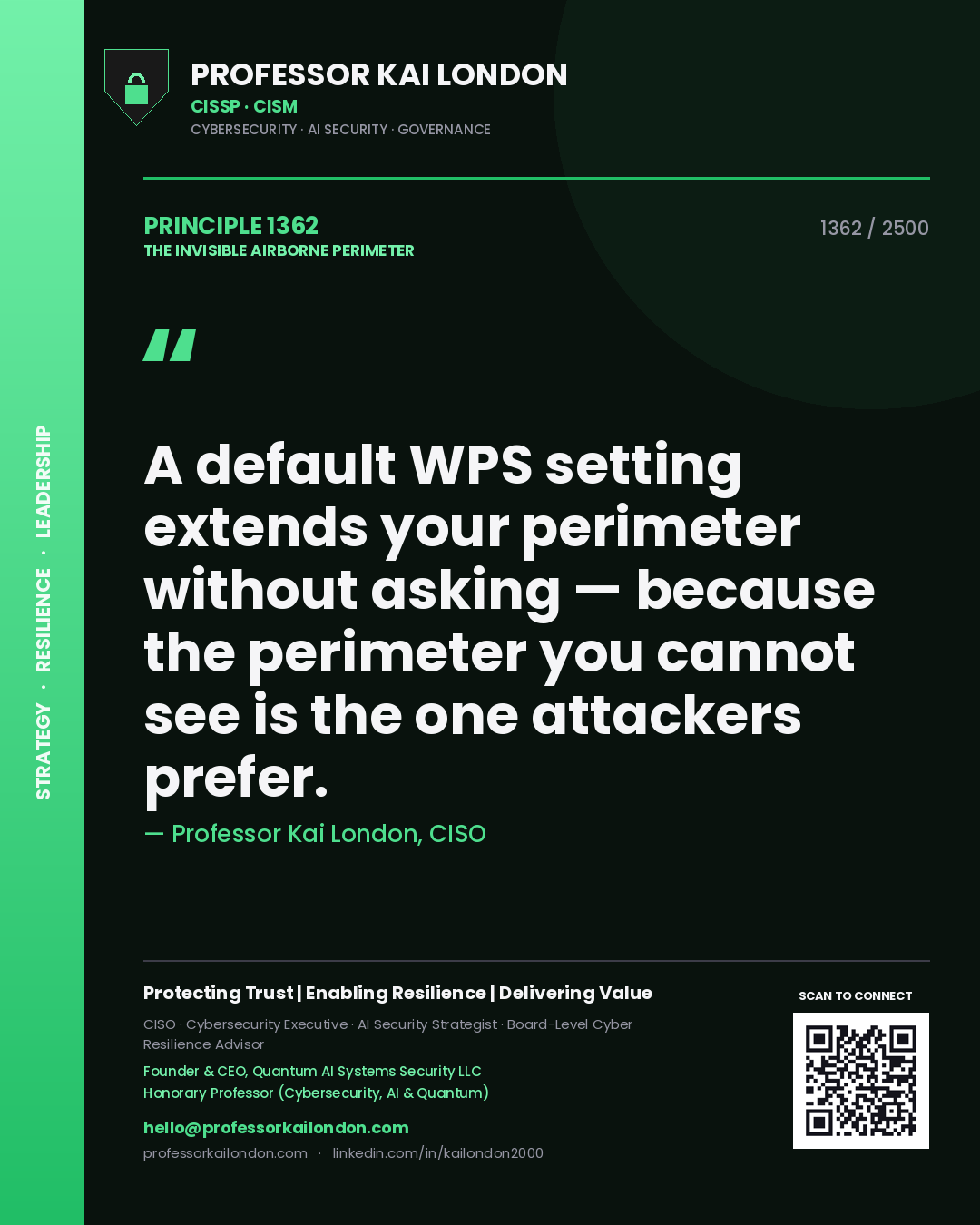 Quote card by Professor Kai London reading 'A default WPS setting extends your perimeter without asking — because the perimeter you cannot see is the one attackers prefer.'. From the book The Invisible Airborne Perimeter.