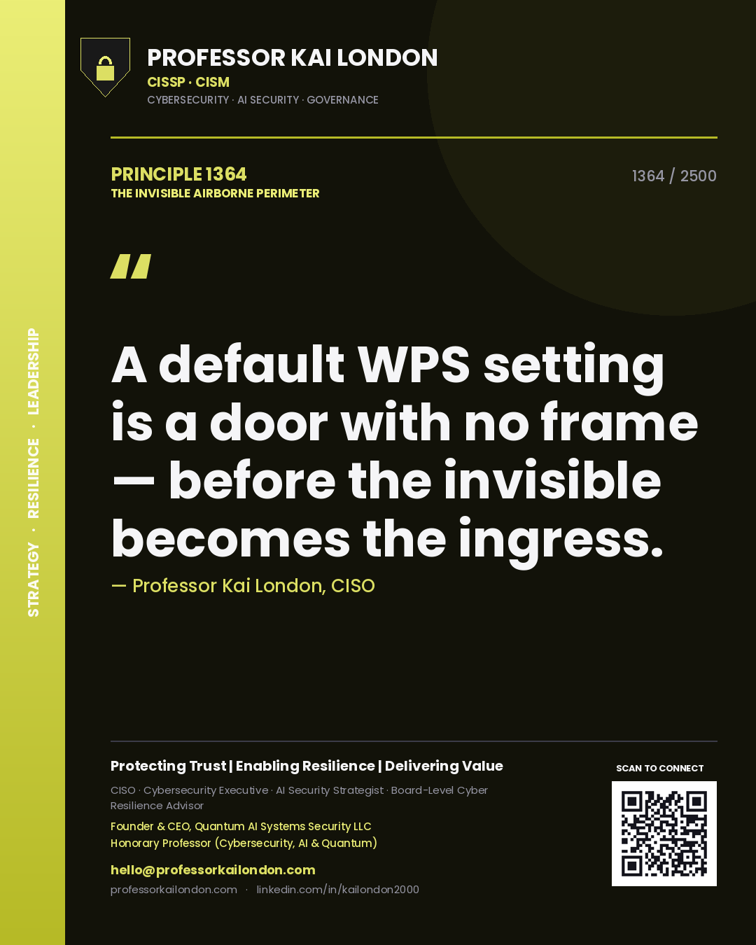 Quote card by Professor Kai London reading 'A default WPS setting is a door with no frame — before the invisible becomes the ingress.'. From the book The Invisible Airborne Perimeter.