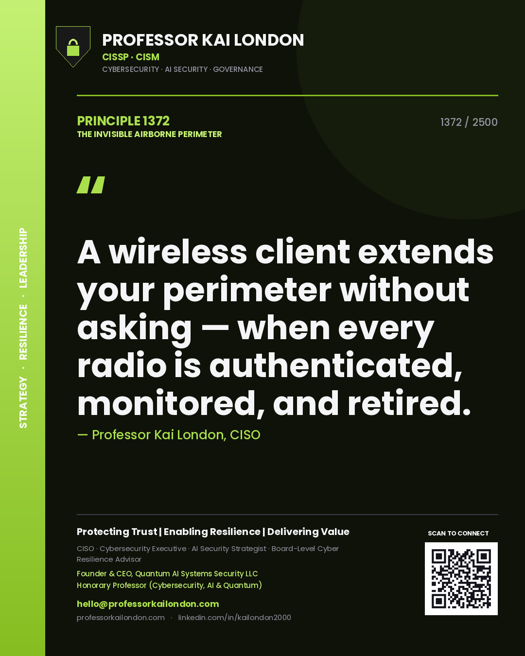 Quote card by Professor Kai London reading 'A wireless client extends your perimeter without asking — when every radio is authenticated, monitored, and retired.'. From the book The Invisible Airborne Perimeter.