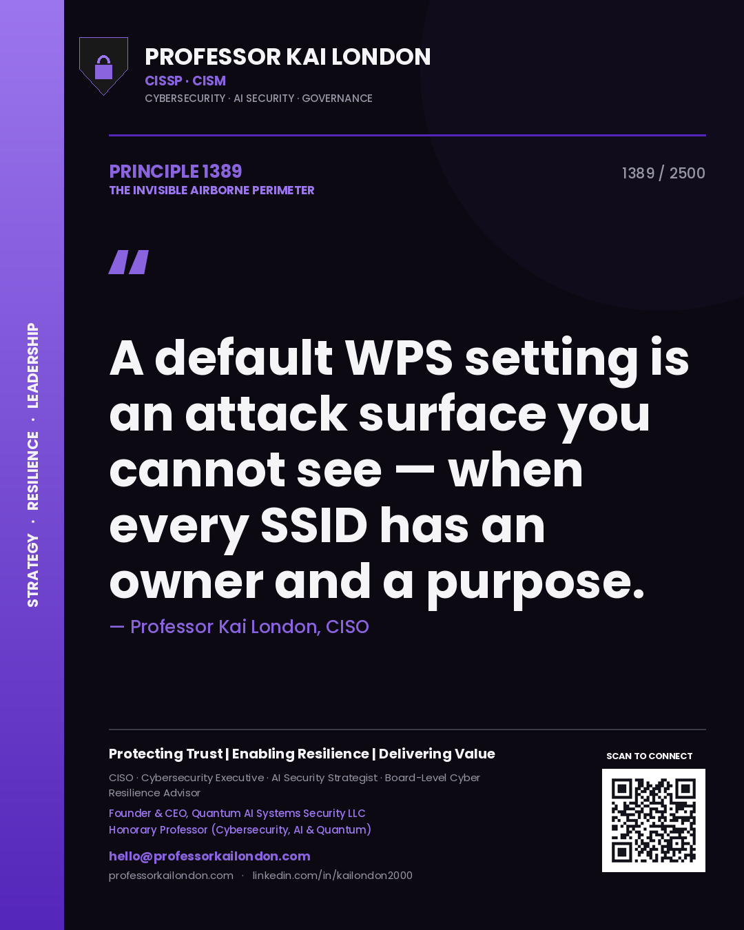 Quote card by Professor Kai London reading 'A default WPS setting is an attack surface you cannot see — when every SSID has an owner and a purpose.'. From the book The Invisible Airborne Perimeter.