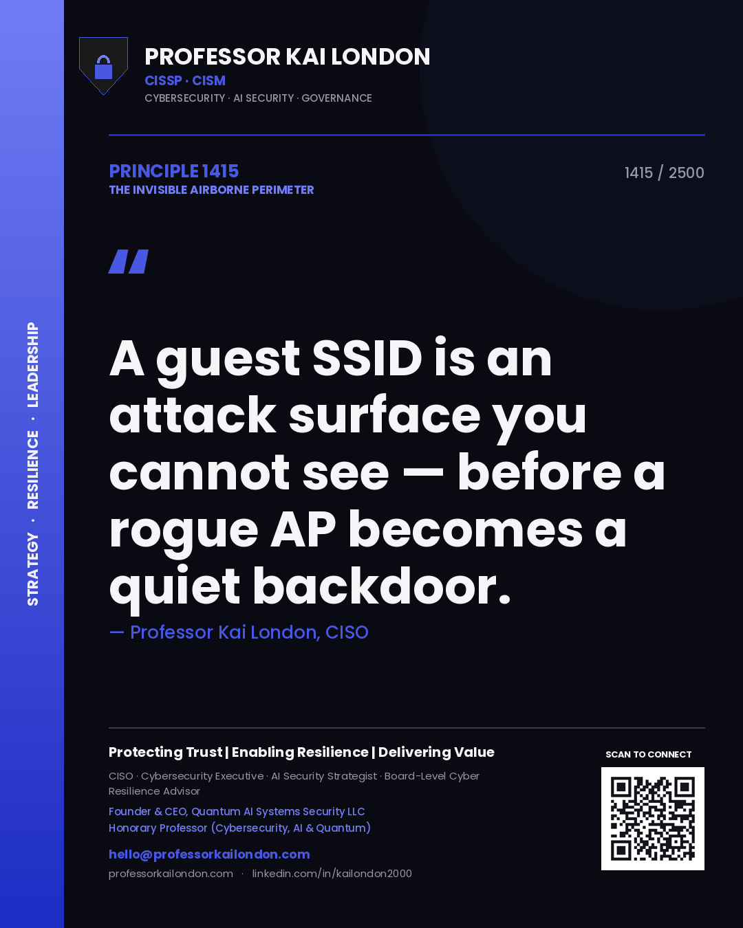 Quote card by Professor Kai London reading 'A guest SSID is an attack surface you cannot see — before a rogue AP becomes a quiet backdoor.'. From the book The Invisible Airborne Perimeter.