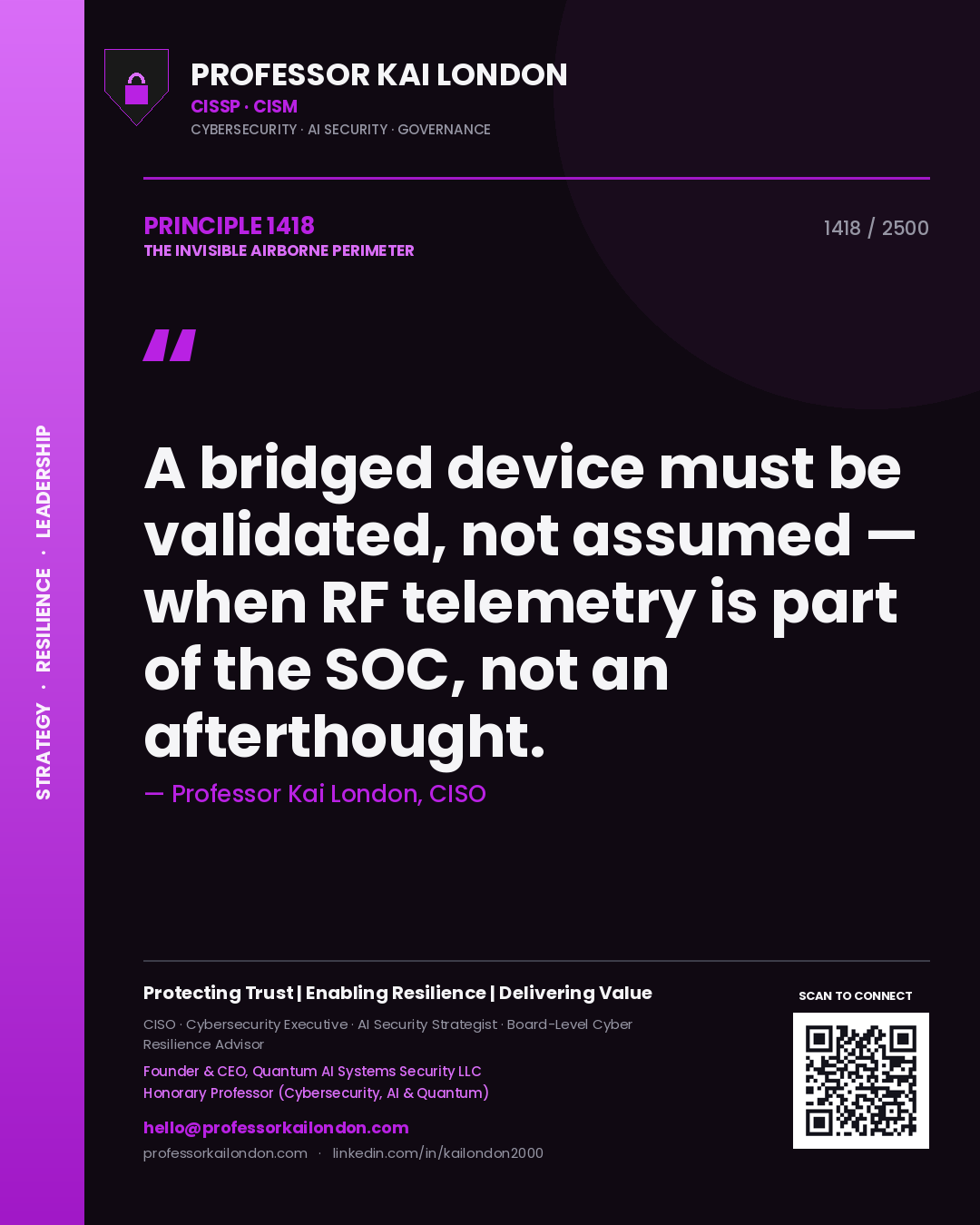 Quote card by Professor Kai London reading 'A bridged device must be validated, not assumed — when RF telemetry is part of the SOC, not an afterthought.'. From the book The Invisible Airborne Perimeter.