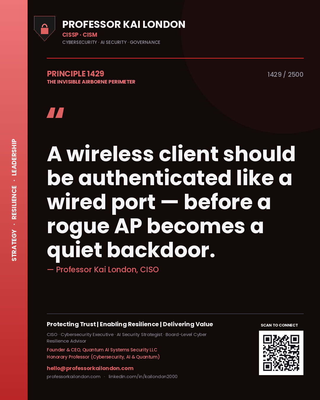 Quote card by Professor Kai London reading 'A wireless client should be authenticated like a wired port — before a rogue AP becomes a quiet backdoor.'. From the book The Invisible Airborne Perimeter.