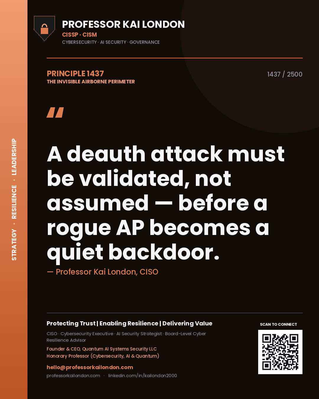 Quote card by Professor Kai London reading 'A deauth attack must be validated, not assumed — before a rogue AP becomes a quiet backdoor.'. From the book The Invisible Airborne Perimeter.