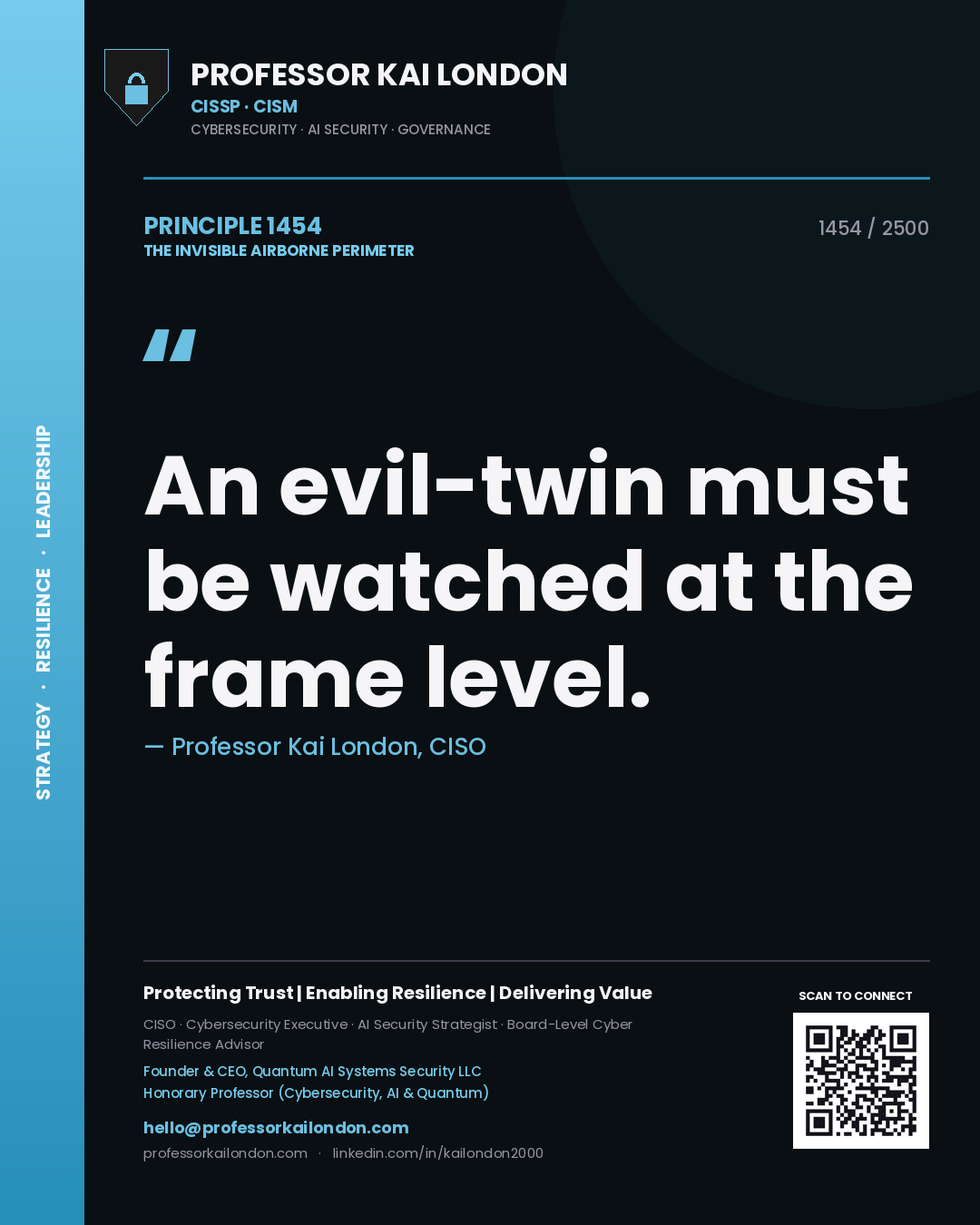 Quote card by Professor Kai London reading 'An evil-twin must be watched at the frame level.'. From the book The Invisible Airborne Perimeter.