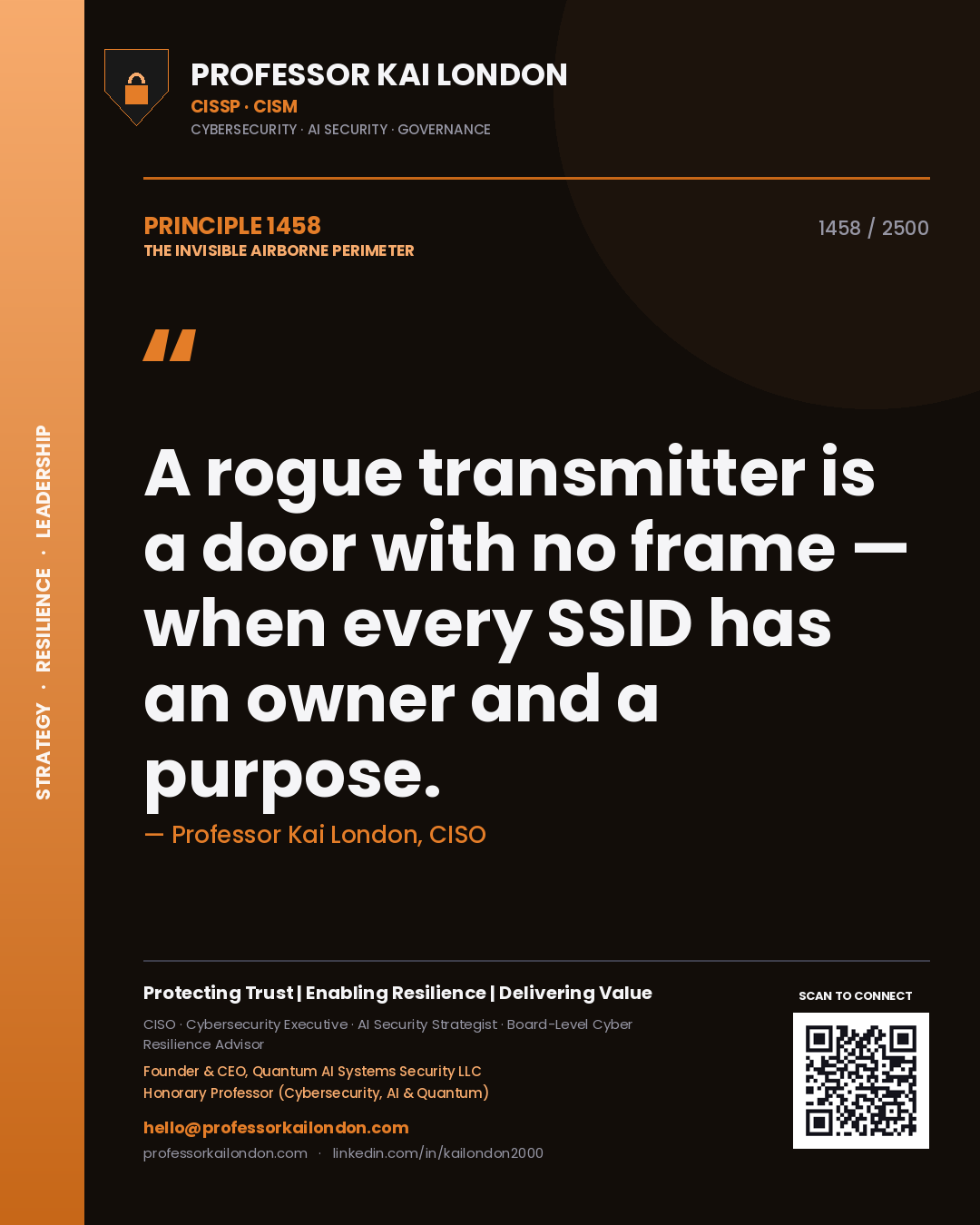 Quote card by Professor Kai London reading 'A rogue transmitter is a door with no frame — when every SSID has an owner and a purpose.'. From the book The Invisible Airborne Perimeter.