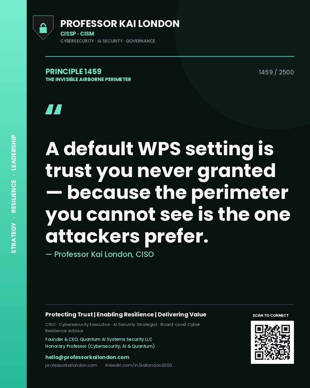 Quote card by Professor Kai London reading 'A default WPS setting is trust you never granted — because the perimeter you cannot see is the one attackers prefer.'. From the book The Invisible Airborne Perimeter.