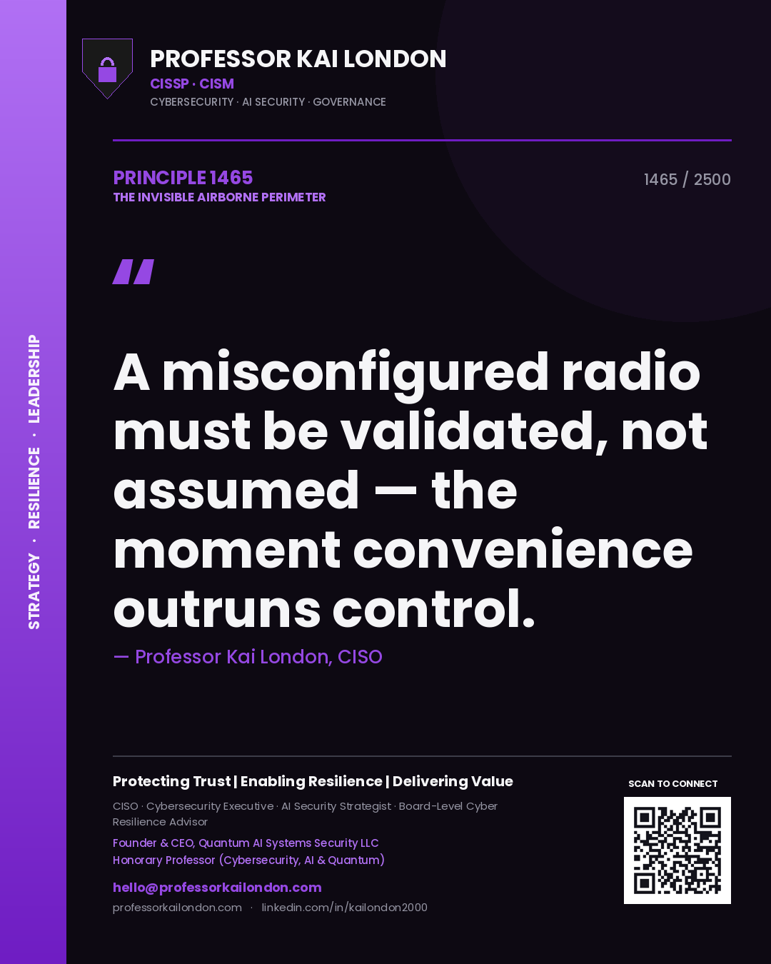 Quote card by Professor Kai London reading 'A misconfigured radio must be validated, not assumed — the moment convenience outruns control.'. From the book The Invisible Airborne Perimeter.