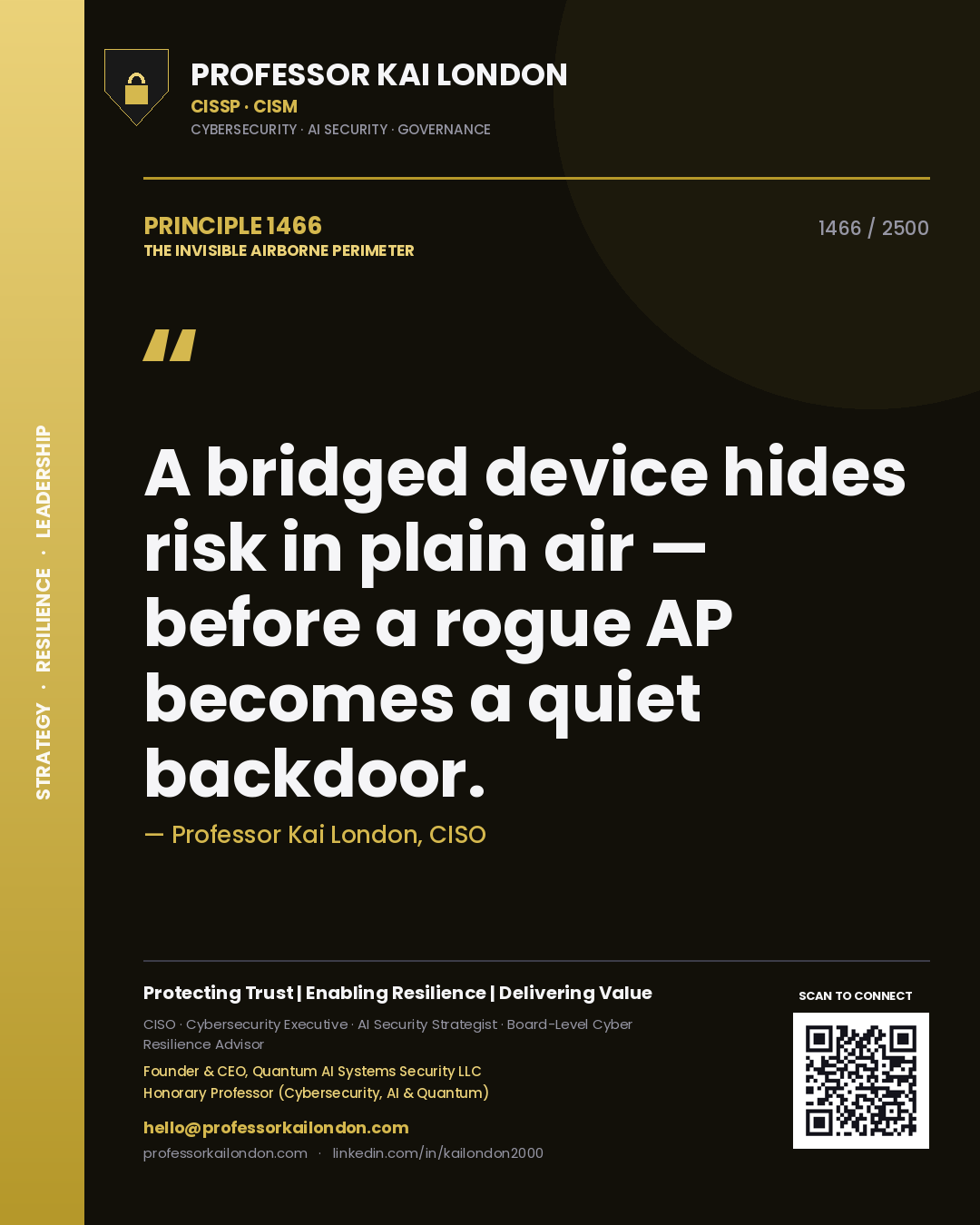 Professor Kai London principle 1466: A bridged device hides risk in plain air — before a rogue AP becomes a quiet backdoor.