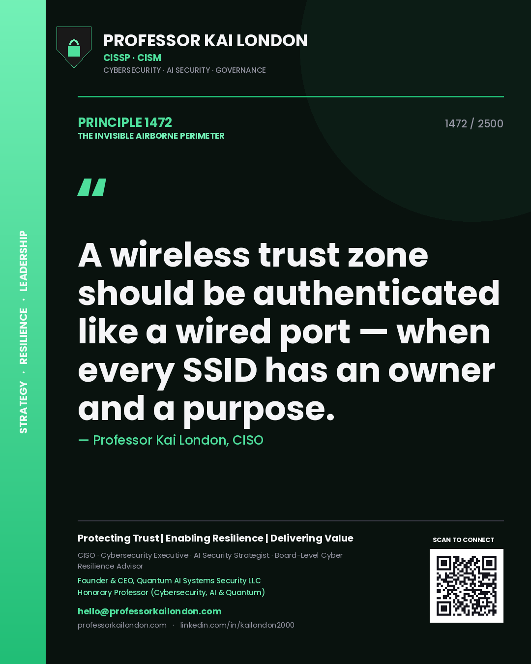 Quote card by Professor Kai London reading 'A wireless trust zone should be authenticated like a wired port — when every SSID has an owner and a purpose.'. From the book The Invisible Airborne Perimeter.