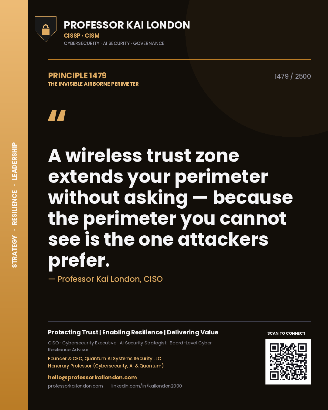 Quote card by Professor Kai London reading 'A wireless trust zone extends your perimeter without asking — because the perimeter you cannot see is the one attackers prefer.'. From the book The Invisible Airborne Perimeter.