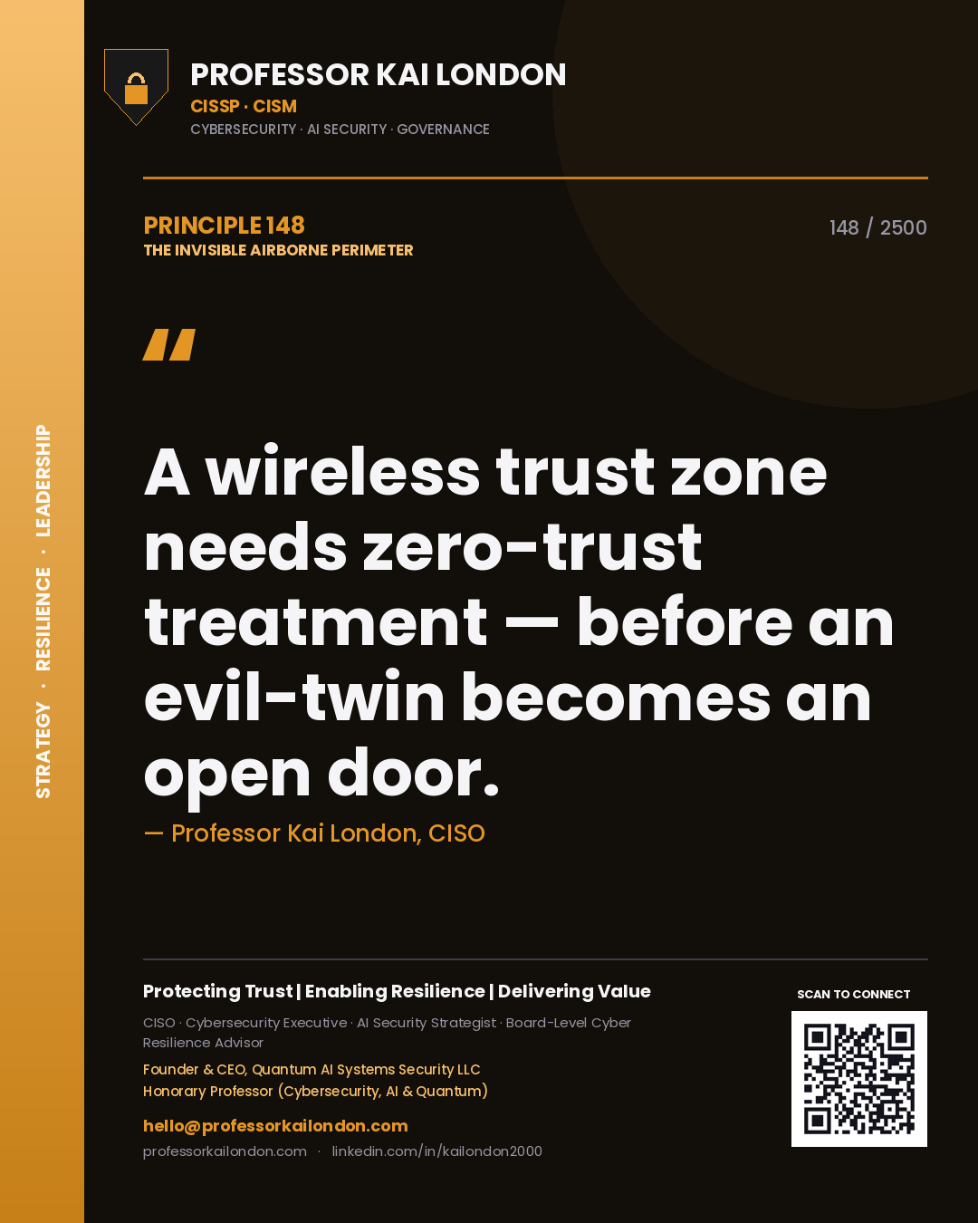 Quote card by Professor Kai London reading 'A wireless trust zone needs zero-trust treatment — before an evil-twin becomes an open door.'. From the book The Invisible Airborne Perimeter.