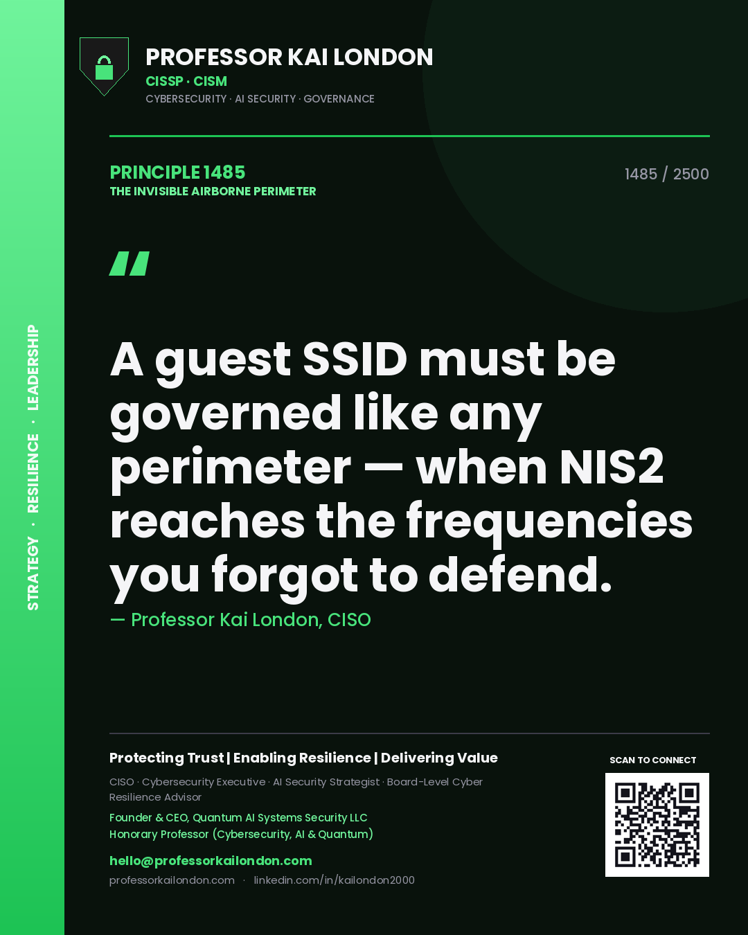 Quote card by Professor Kai London reading 'A guest SSID must be governed like any perimeter — when NIS2 reaches the frequencies you forgot to defend.'. From the book The Invisible Airborne Perimeter.
