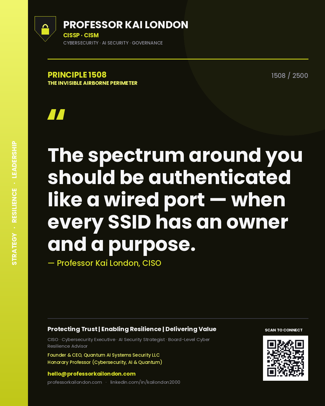 Quote card by Professor Kai London reading 'The spectrum around you should be authenticated like a wired port — when every SSID has an owner and a purpose.'. From the book The Invisible Airborne Perimeter.