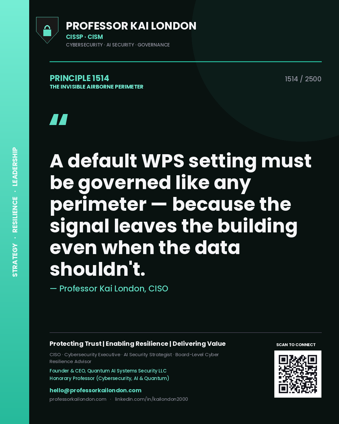 Quote card by Professor Kai London reading 'A default WPS setting must be governed like any perimeter — because the signal leaves the building even when the data shouldn't.'. From the book The Invisible Airborne Perimeter.