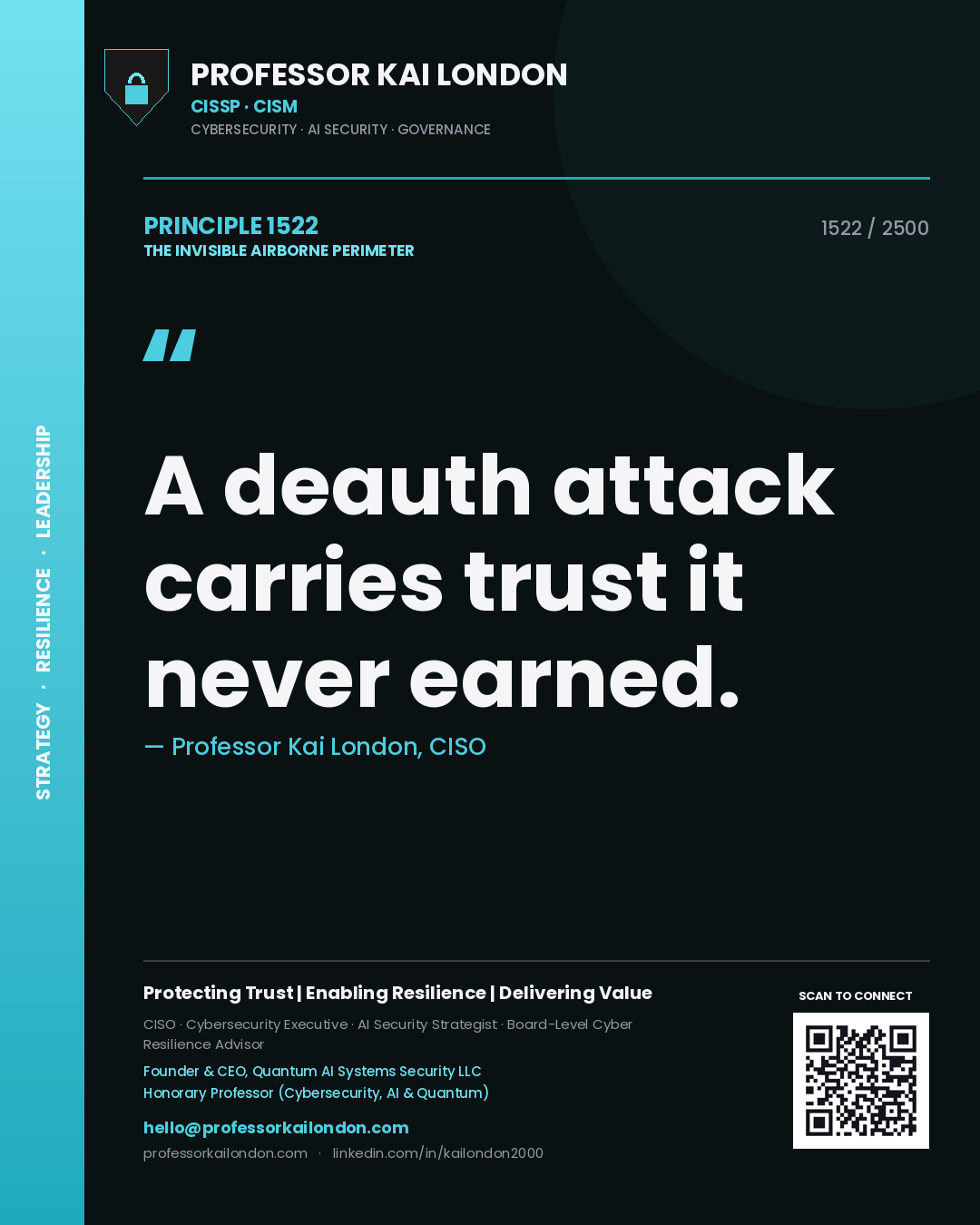 Quote card by Professor Kai London reading 'A deauth attack carries trust it never earned.'. From the book The Invisible Airborne Perimeter.