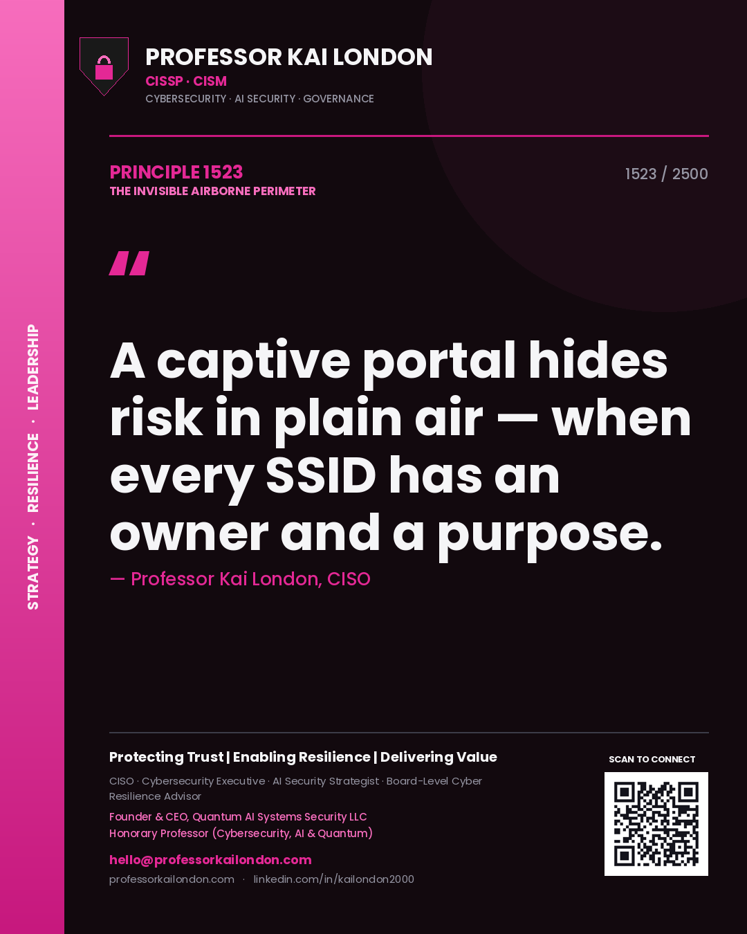 Quote card by Professor Kai London reading 'A captive portal hides risk in plain air — when every SSID has an owner and a purpose.'. From the book The Invisible Airborne Perimeter.