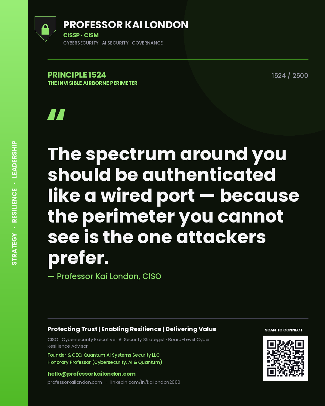 Quote card by Professor Kai London reading 'The spectrum around you should be authenticated like a wired port — because the perimeter you cannot see is the one attackers prefer.'. From the book The Invisible Airborne Perimeter.