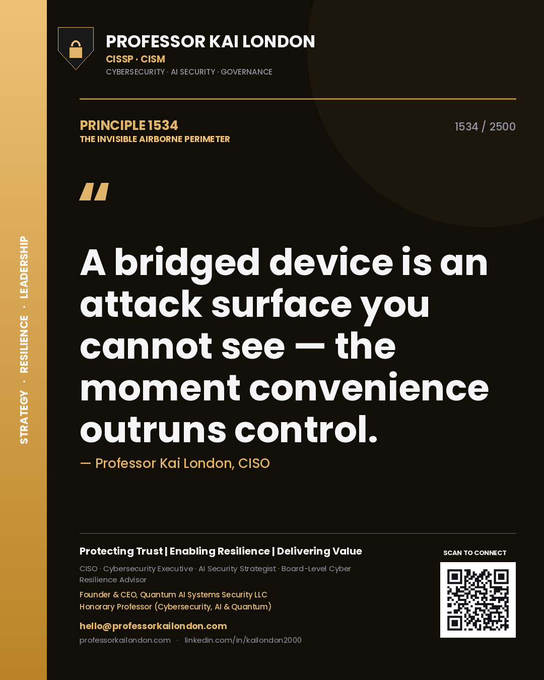 Quote card by Professor Kai London reading 'A bridged device is an attack surface you cannot see — the moment convenience outruns control.'. From the book The Invisible Airborne Perimeter.