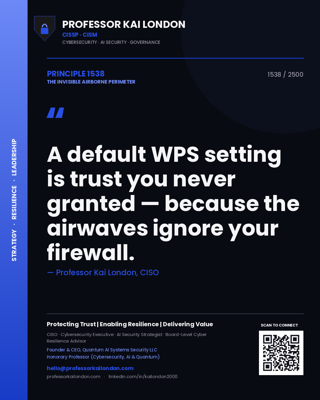 Quote card by Professor Kai London reading 'A default WPS setting is trust you never granted — because the airwaves ignore your firewall.'. From the book The Invisible Airborne Perimeter.