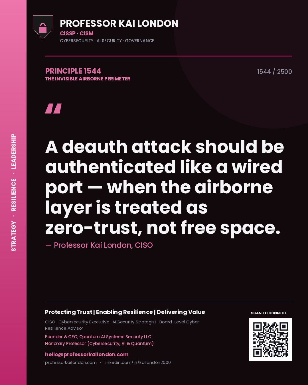 Quote card by Professor Kai London reading 'A deauth attack should be authenticated like a wired port — when the airborne layer is treated as zero-trust, not free space.'. From the book The Invisible Airborne Perimeter.